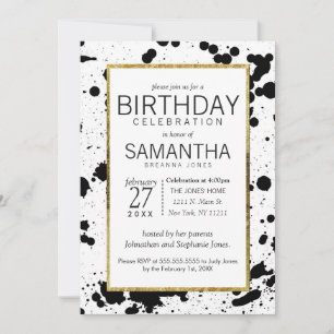 Black Ink Splatters and Gold Birthday Party Invite