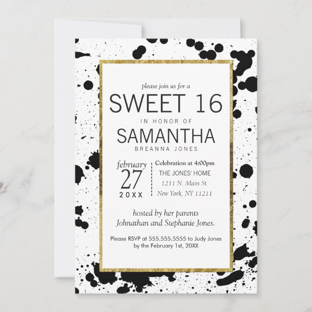 Black Ink Splatters and Gold Sweet 16 Invitations (Front)