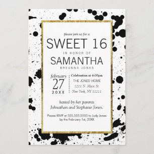 Black Ink Splatters and Gold Sweet 16 Invitations