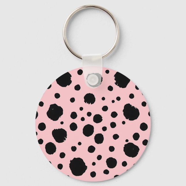 Black Ink Spots Pink Polka Pattern Keychain (Front)