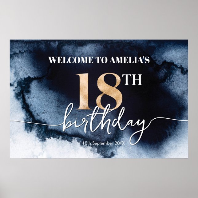 Black Ink Watercolor 18th birthday welcome banner Poster (Front)