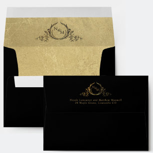 Black, Inside Gold, Elegant Monogram Wedding Envelope
