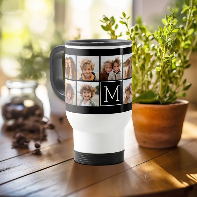 Black Instagram Photo Collage Custom Monogram Travel Mug (Personalized travel mug - add photos and text or customize completely)