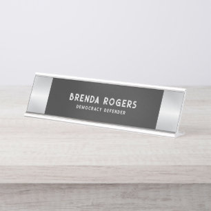 Black iridescent background silver accent desk name plate
