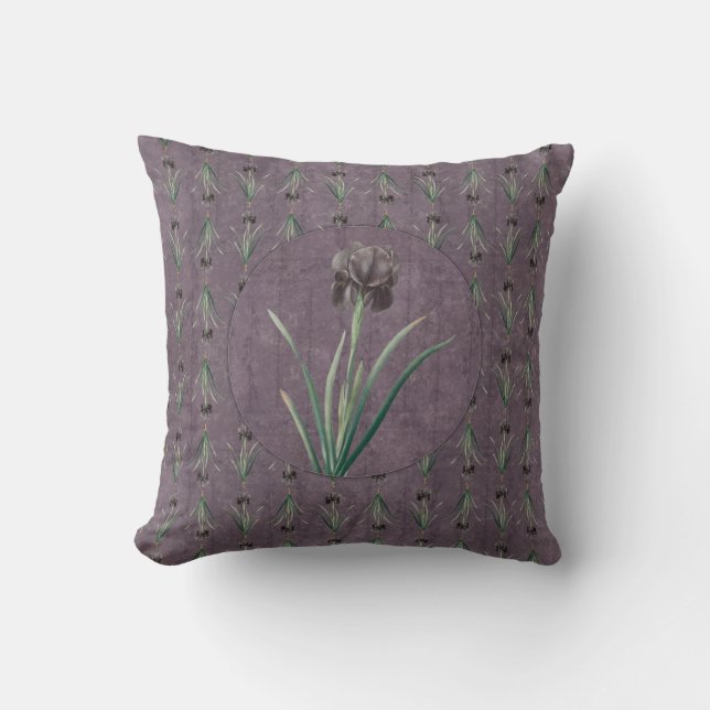 Black Iris on an antique tapestry Throw Pillow (Front)