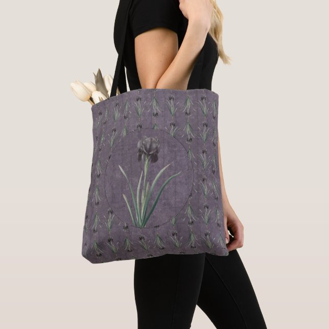 Black Iris on an antique tapestry Tote Bag (Close Up)