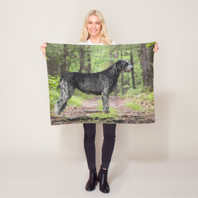 Black Irish Wolfhound Posing in the woods Fleece Blanket (In Situ)