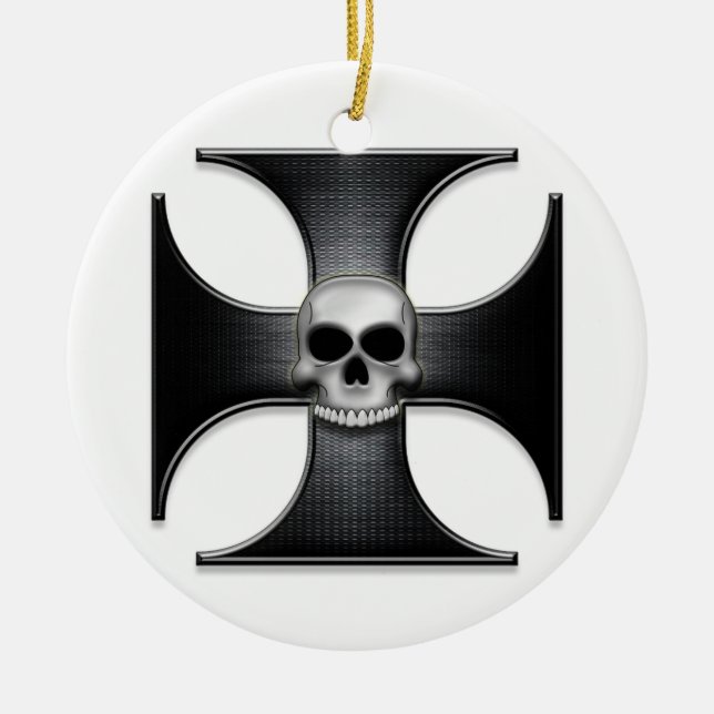 Black Iron Cross with Skull Ceramic Ornament (Front)