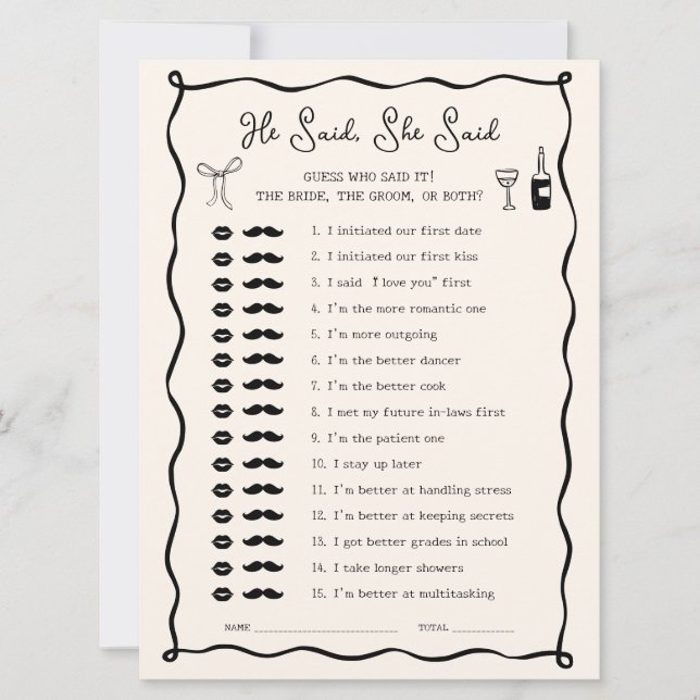 Black Italian Bridal Shower Who Said Game Card (Front)