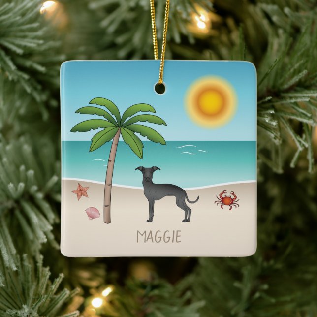 Black Italian Greyhound At Tropical Summer Beach Ceramic Ornament (Tree)