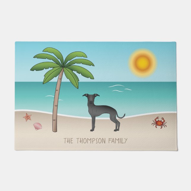 Black Italian Greyhound At Tropical Summer Beach Doormat (Front)