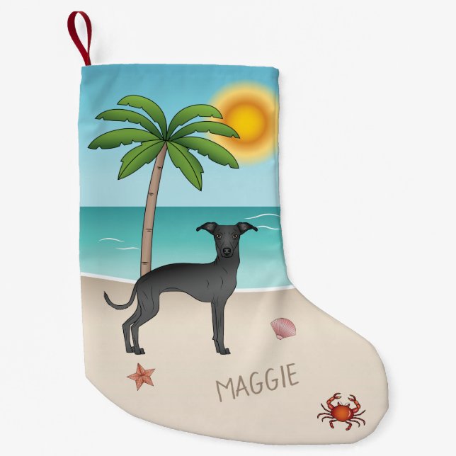 Black Italian Greyhound At Tropical Summer Beach Small Christmas Stocking (Front)