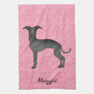 Black Italian Greyhound Cute Dog On Pink Hearts Kitchen Towel