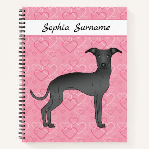 Black Italian Greyhound Cute Dog On Pink Hearts Notebook
