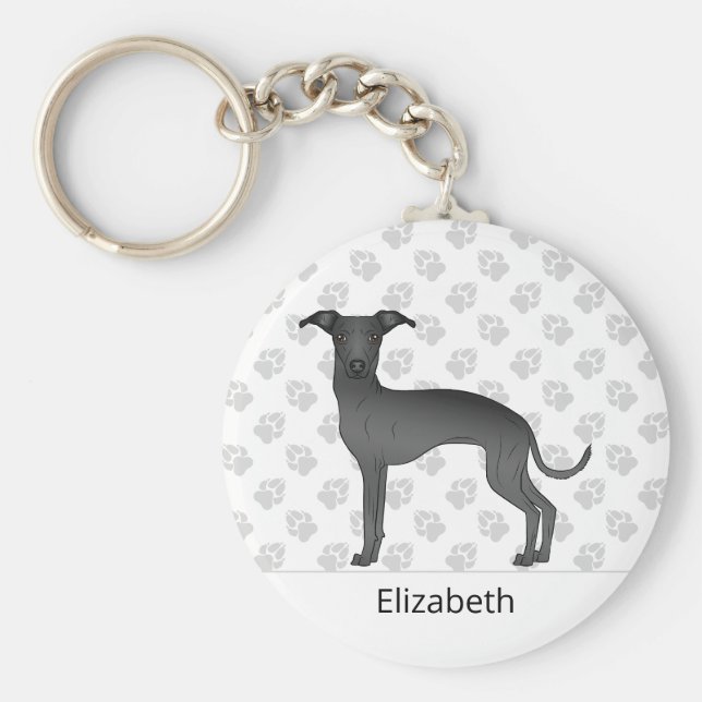Black Italian Greyhound Cute Dog With Custom Name Keychain (Front)
