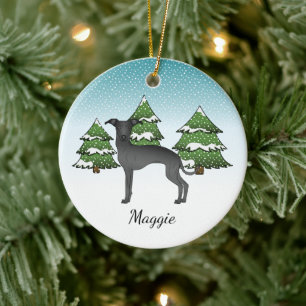 Black Italian Greyhound Dog In A Winter Forest Ceramic Ornament