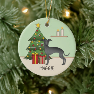 Black Italian Greyhound Dog With A Christmas Tree Ceramic Ornament