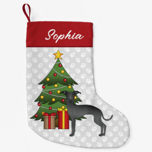 Black Italian Greyhound Dog With A Christmas Tree Small Christmas Stocking