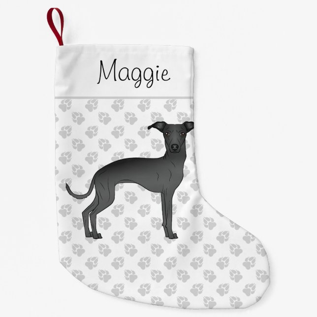 Black Italian Greyhound Dog With Custom Name Small Christmas Stocking (Front)