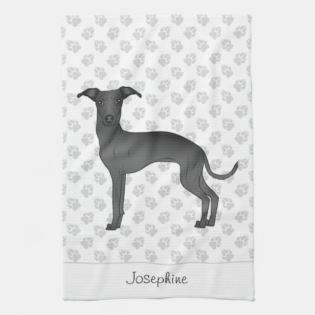 Black Italian Greyhound With Custom Name Kitchen Towel (Vertical)