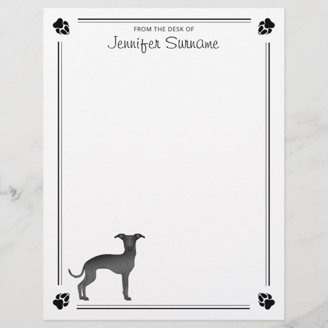 Black Italian Greyhound With Paws And Custom Text Letterhead (Front)