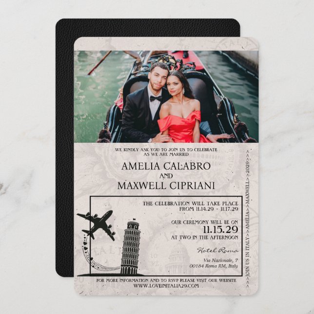 Black Italy Passport Wedding Invitation (Front/Back)