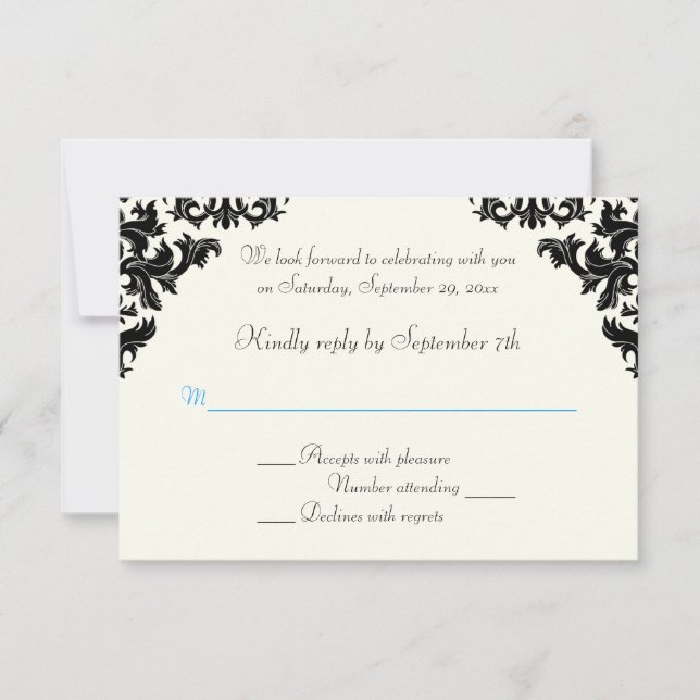 Black, Ivory, and Blue Damask RSVP Card (Front)