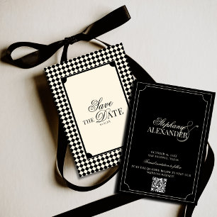 Black & Ivory Chequered Old Money QR Code Wedding Save The Date
