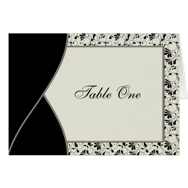 Black Ivory Cream Damask Wedding Table Card (Front Horizontal)
