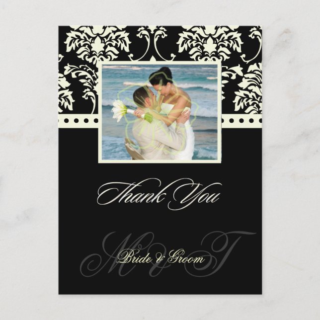 Black + Ivory Damask Merci Carte postale, (Devant)