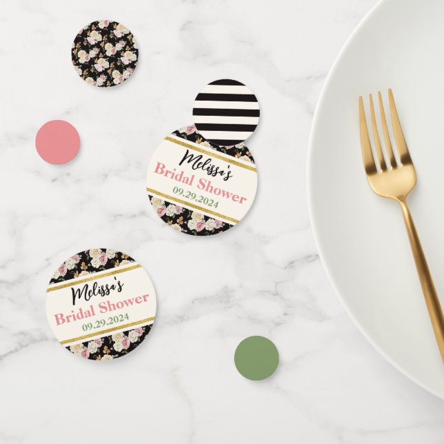 Black, Ivory, Gold Floral Bouquet Bridal Shower Confetti (Group)