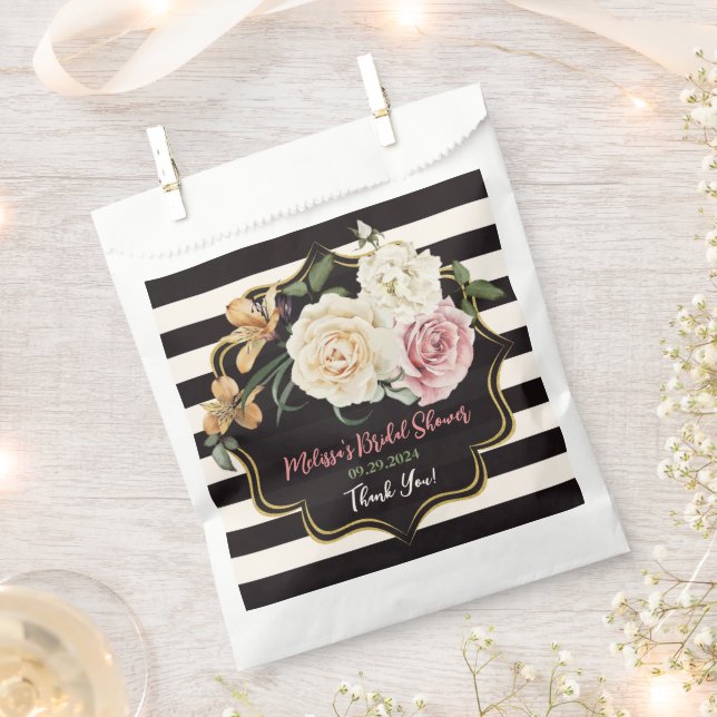 Black, Ivory, Gold Floral Bouquet Favour Bag (Clipped)