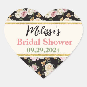 Black, Ivory, Gold Floral Bouquet Heart Sticker