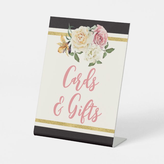 Black, Ivory, Gold Floral Bridal Shower Pedestal Sign (Front)