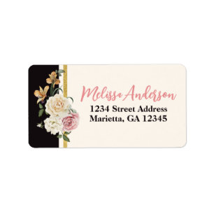 Black, Ivory, Gold Florals Return Address Label