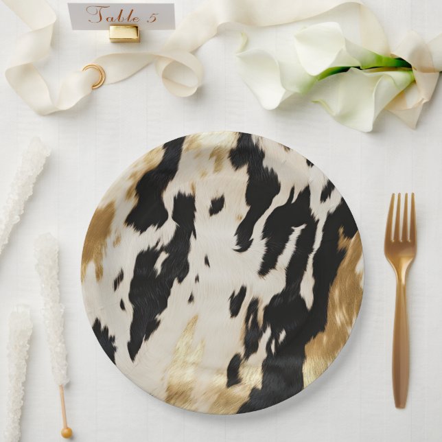 Black Ivory Gold Western Cowhide Paper Plate (Wedding)