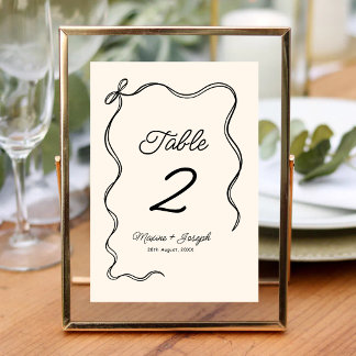 Black & Ivory Hand Drawn Bow Ribbon Sketch Wedding Table Number