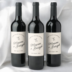 Black & Ivory Hand Drawn Bow Ribbon Sketch Wedding Wine Label