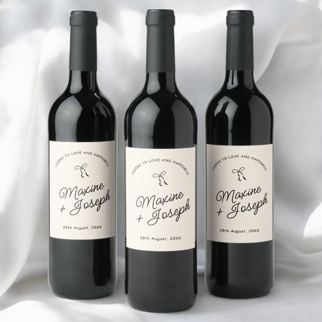 Black & Ivory Hand Drawn Bow Ribbon Sketch Wedding Wine Label (Black and ivory bow ribbon wedding wine label adds elegant charm to every toast.)