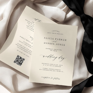 Black ivory minimalist modern QR code wedding Invitation