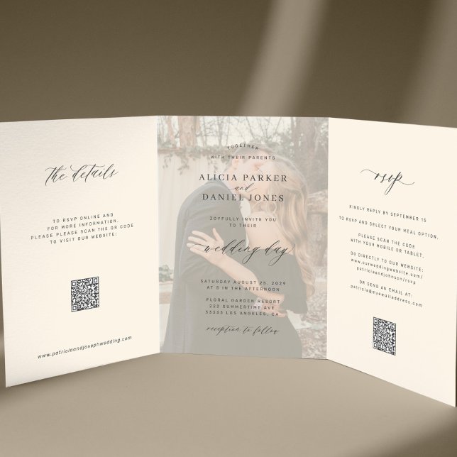 Black ivory photo wedding RSVP details QR code  Tri-Fold Invitation (Creator Uploaded)