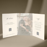 Black ivory photo wedding RSVP details QR code  Tri-Fold Invitation<br><div class="desc">Elegant simple minimal typography trendy modern black and cream ivory all in one budget wedding invitation template with 2 photos, rsvp and details with scanning QR codes featuring a chic trendy calligraphy script and light cream transparent overlay. Easy to personalize with one or two custom photos (you can upload the...</div>