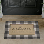 Black & Ivory Plaid Personalized Welcome Doormat<br><div class="desc">Add a farmhouse style touch to your entryway with this rustic buffalo plaid patterned doormat in dark beige and black with tan accents. "Welcome" appears in the centre in casual handwritten script lettering; personalize with your family name beneath.</div>