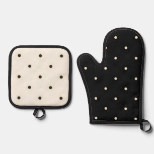 Black & Ivory Polka Dots Mixed Print Oven Mitt & Pot Holder Set