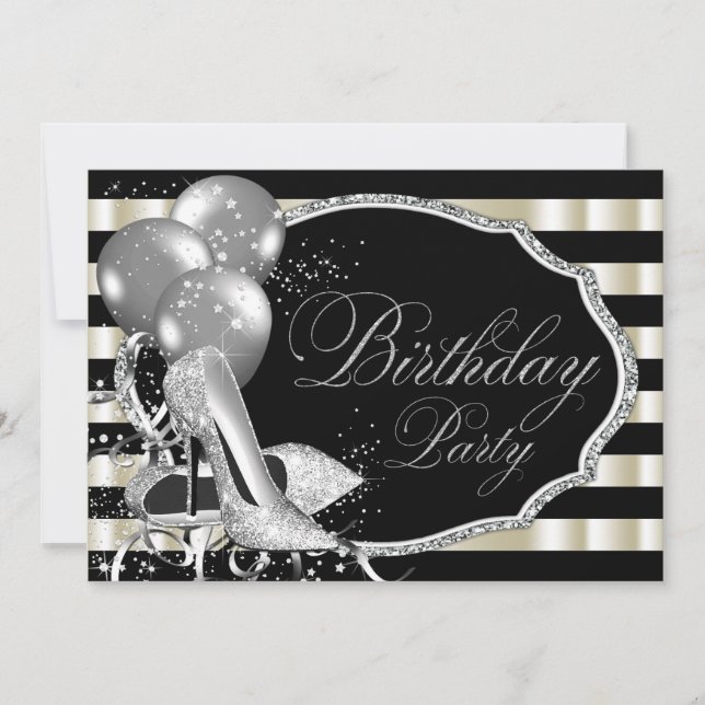 Black Ivory Silver High Heel Shoe Birthday Party Invitation (Front)