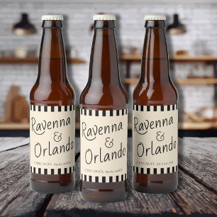 Black & Ivory Stripes Retro Minimalist Wedding Beer Bottle Label