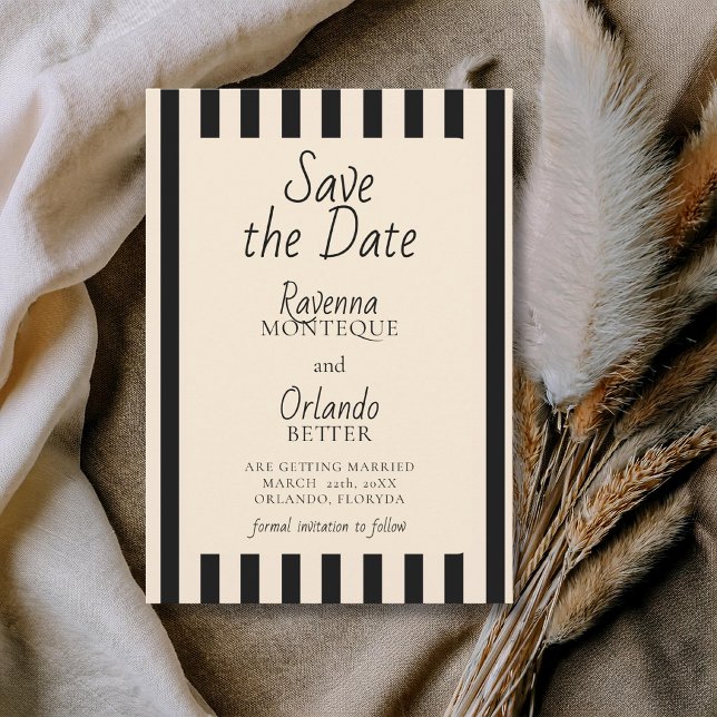 Black & Ivory Stripes Retro Minimalist Wedding Save The Date (Creator Uploaded)