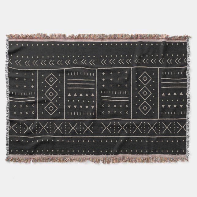 Black Ivory Tribal Geometric Pattern | Modern Boho Throw Blanket (Front)