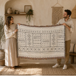 Black Ivory Tribal Geometric Pattern Modern Boho Throw Blanket