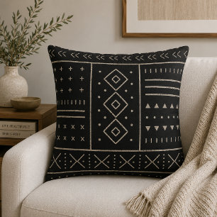Black Ivory Tribal Geometric Pattern Modern Boho Throw Pillow